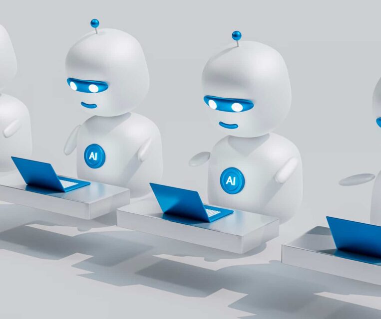 3D-Illustration einer Reihe von freundlichen weißen KI-Robotern, die an blauen Laptops arbeiten. Das Bild symbolisiert Künstliche-Intelligenz-Beratung für Unternehmen.
